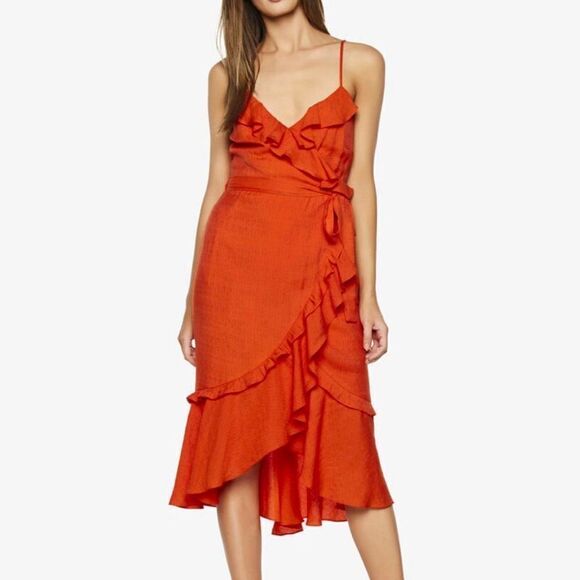 Bardot Dresses & Skirts - Bardot Zoe Wrap ruffle midi Dress In Flame Red‎ Size L